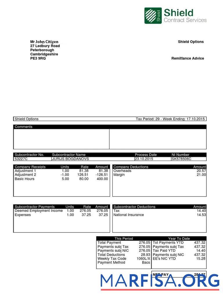 Downloadable United Kingdom Shield contract services payslip example